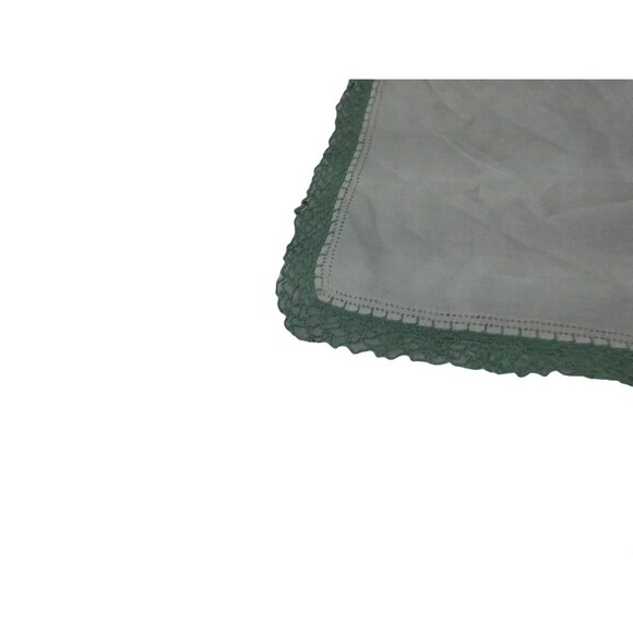 Vintage Linen Handkerchief Hanky Green Crochet Border Pocket Scarf 12" Square - Picture 2 of 4